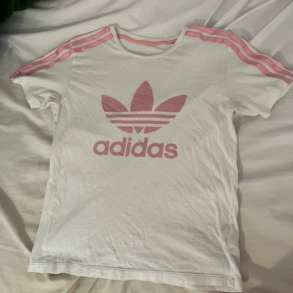 Pastel Pink White Adidas Three Stripe Tee Shirt Top Short Sleeve